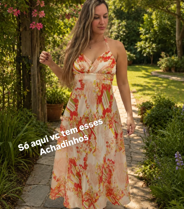 Cliente com vestido longo floral coral